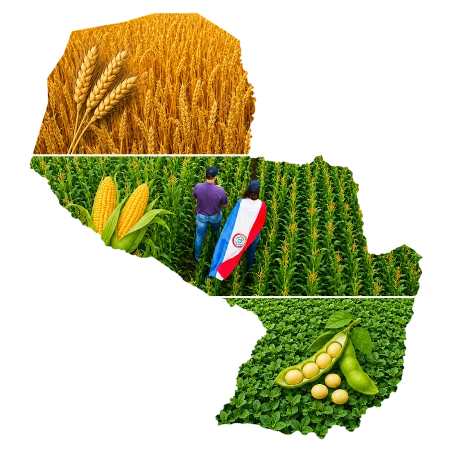 Mapa de Paraguay formado por campos de trigo, maíz y soja