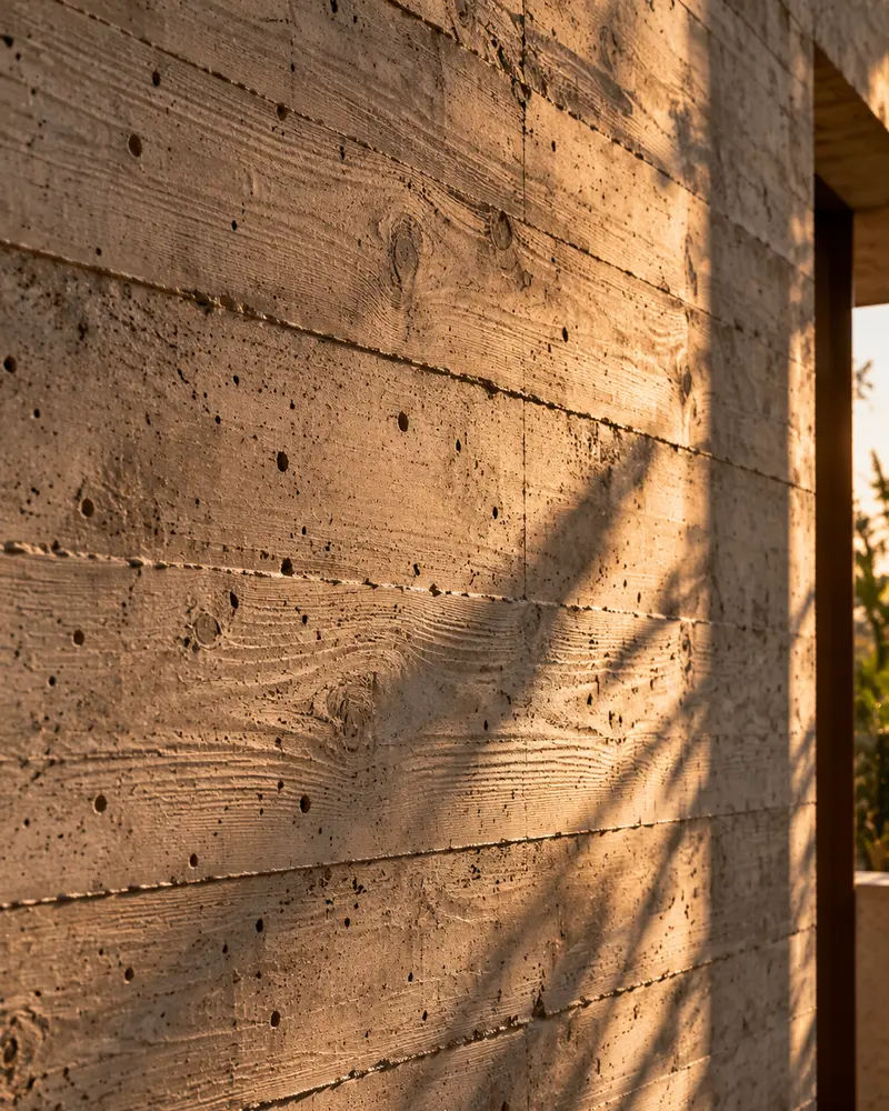 Pared de hormigón con la textura de las tablas del encofrado