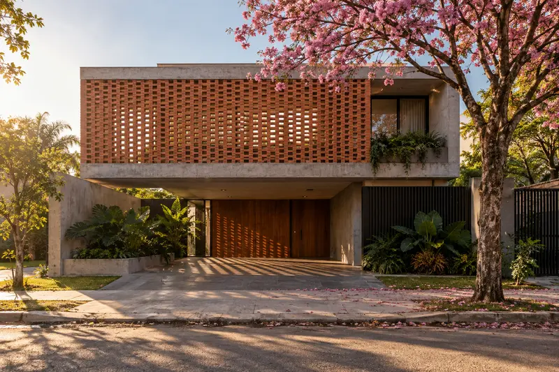 Casa de dos plantas con fachada de celosía de ladrillo visto y un lapacho rosado florecido en la vereda