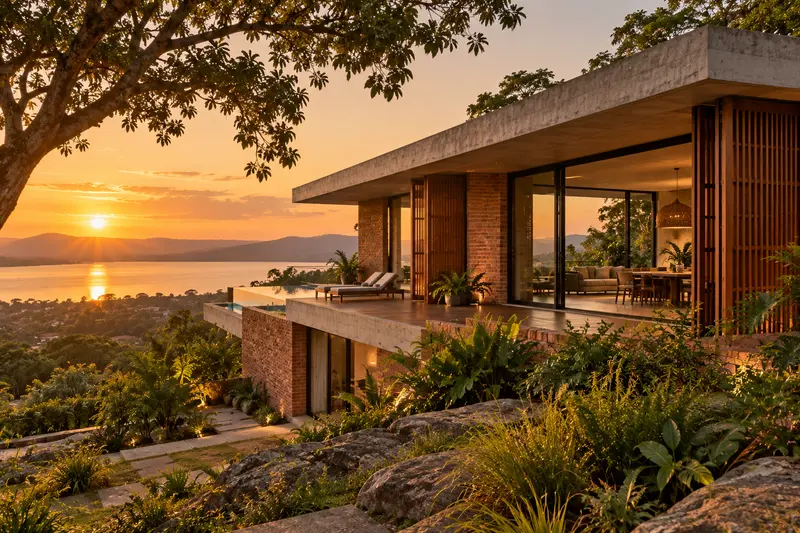 Casa de ladrillo y hormigón con grandes aleros sobre una ladera, con el lago y los cerros al atardecer
