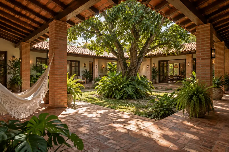 Patio interior con un árbol de mango rodeado de galerías con columnas de ladrillo y techo de tejas