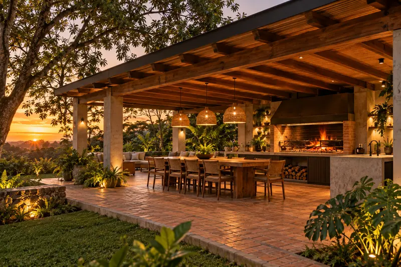 Quincho abierto al jardín con parrilla de ladrillo encendida y mesa larga de madera al atardecer