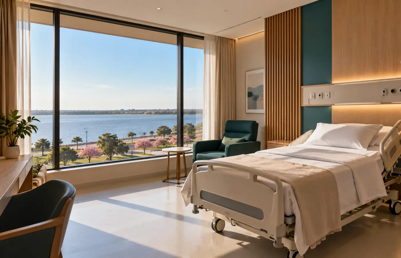 Habitación privada de internación con ventanal al río Paraná y a la costanera
