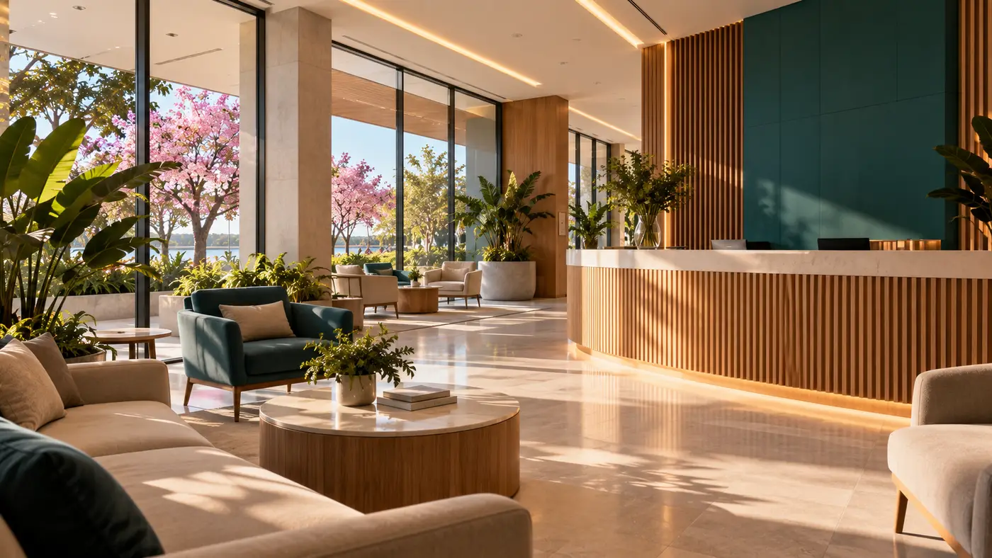 Hall de recepción de la sede central, con mostrador de madera y lapachos en el ventanal