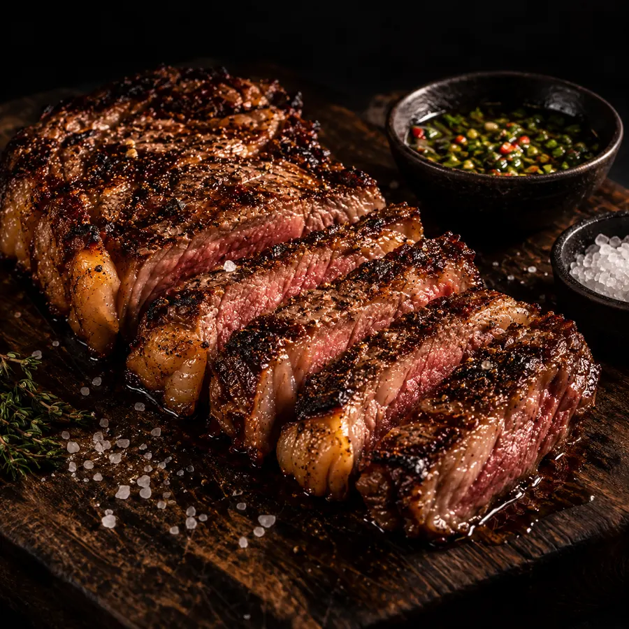 Bife de chorizo cortado en rodajas sobre tabla de madera con chimichurri