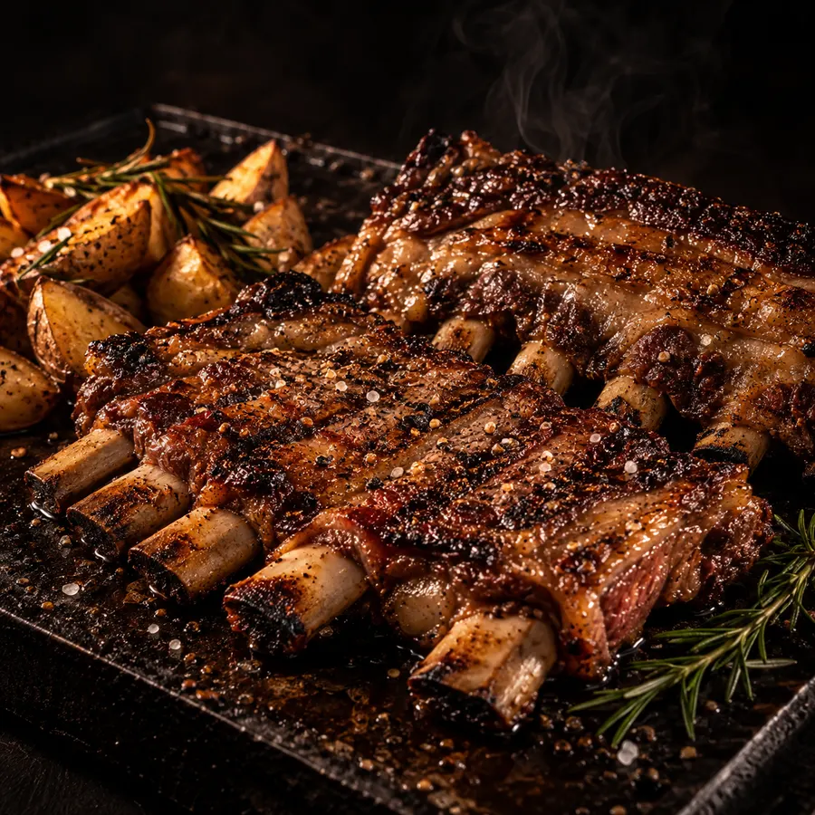 Asado de tira dorado recién salido de la parrilla con papas rústicas