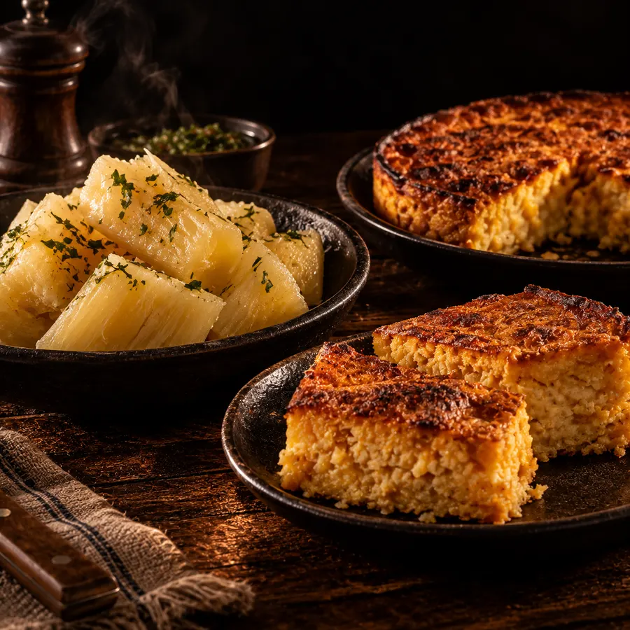 Mandioca hervida, sopa paraguaya y chipa guasu en platos de cerámica oscura