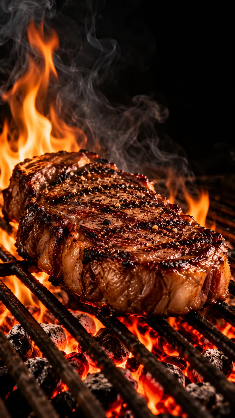 Corte de carne sobre las brasas encendidas de la parrilla