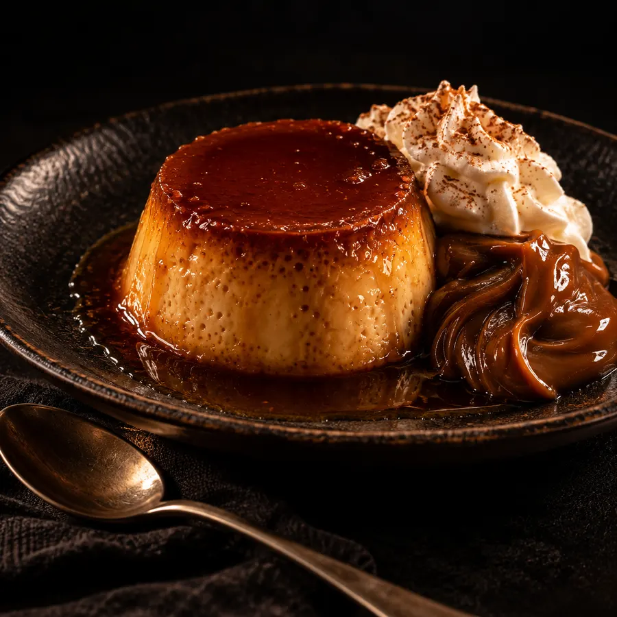 Flan casero con dulce de leche y crema