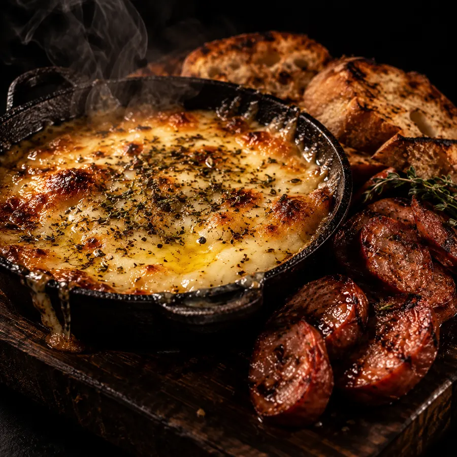 Provoleta burbujeante en cazuela de hierro con chorizo al costado