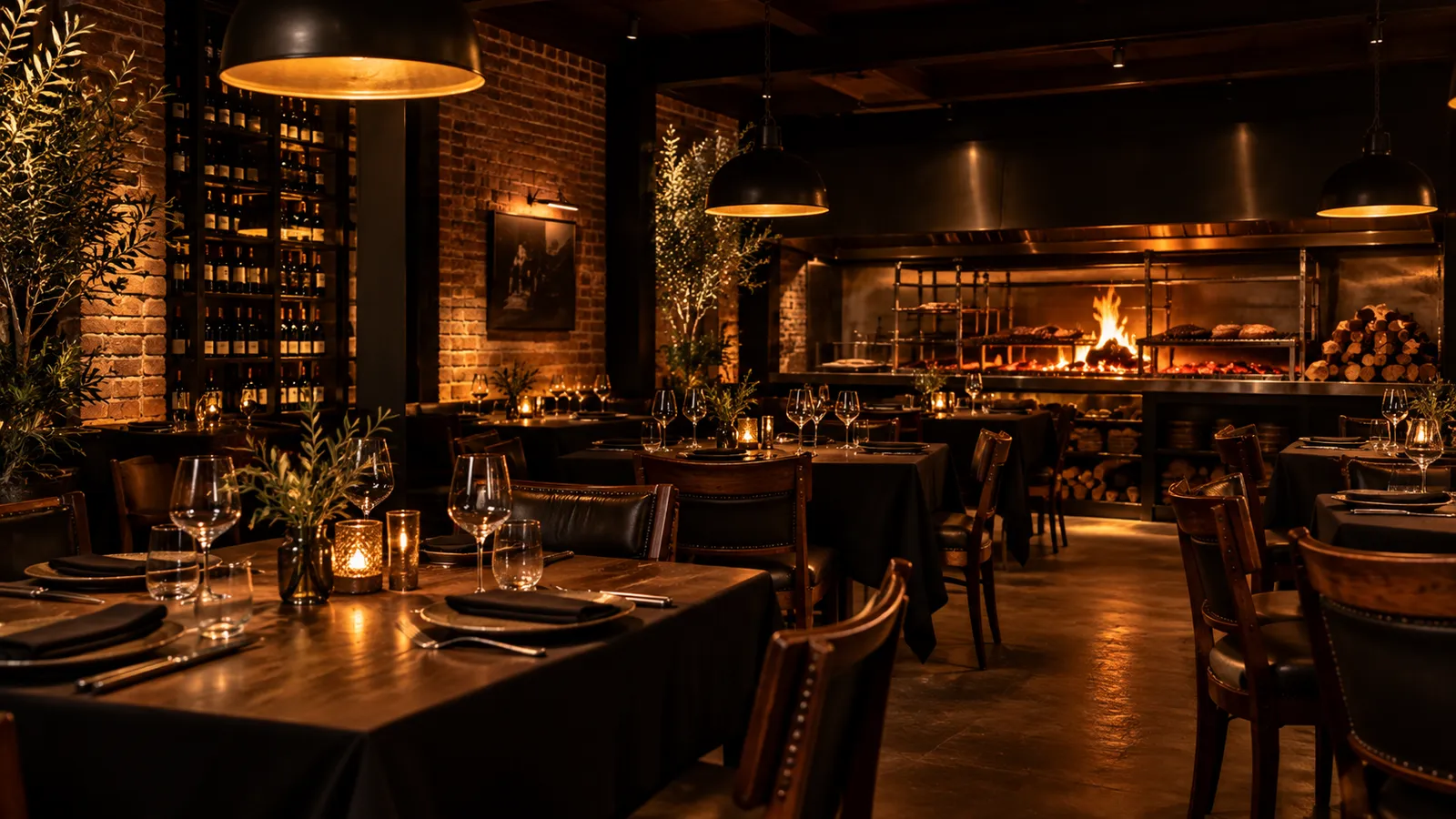 Salón de Brasa Esteña con mesas de madera y la parrilla al fondo