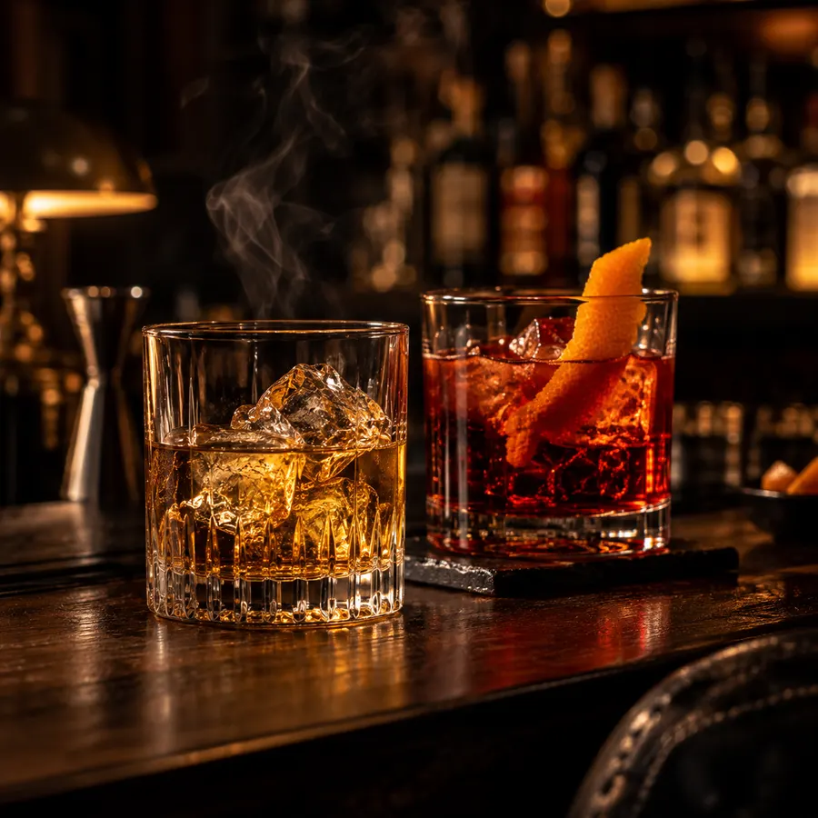 Whisky con hielo y un negroni sobre la barra de madera
