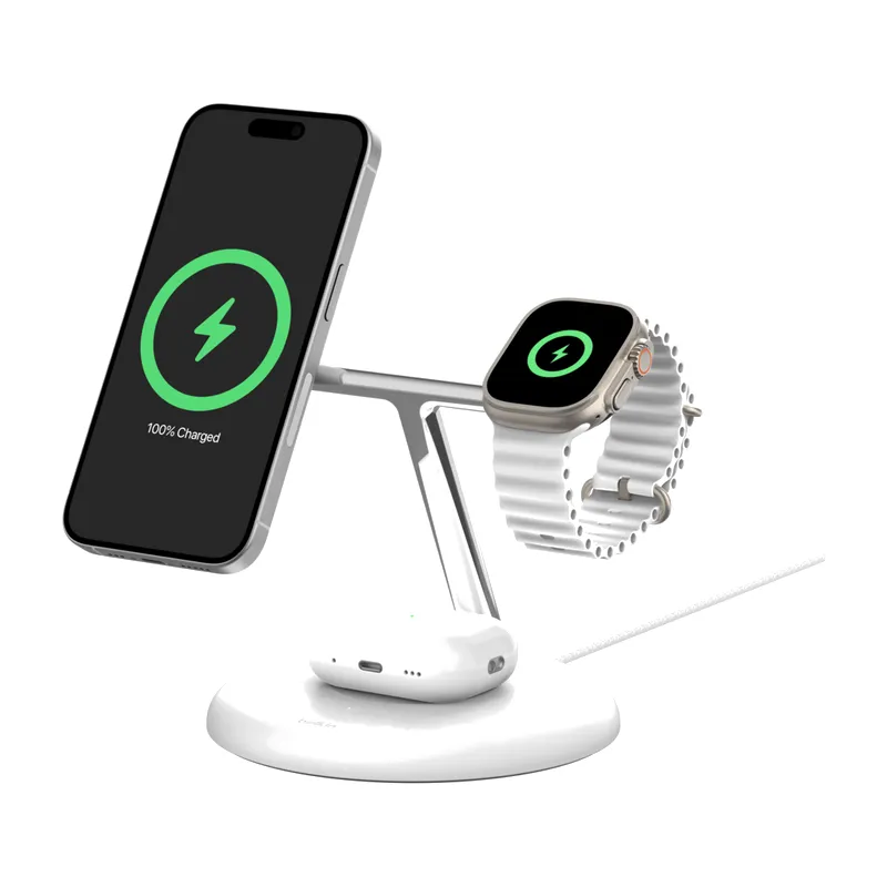 Base de carga Belkin BoostCharge Pro 3 en 1 con MagSafe, Blanco