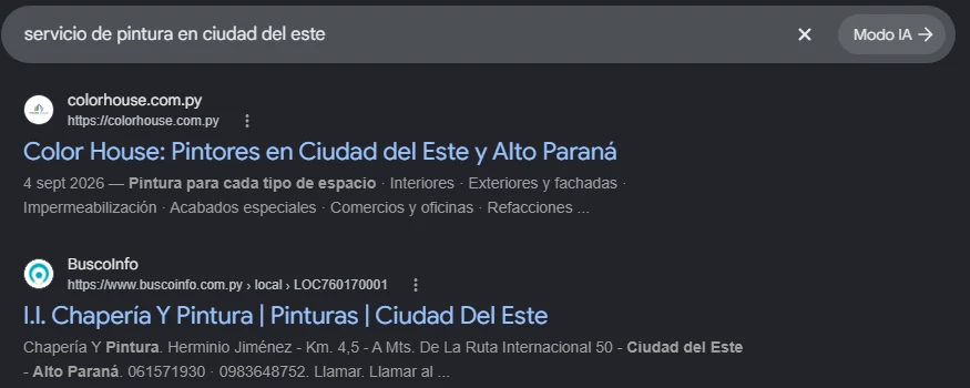 Resultados de Google para servicio de pintura en Ciudad del Este con la web de Color House en primer lugar