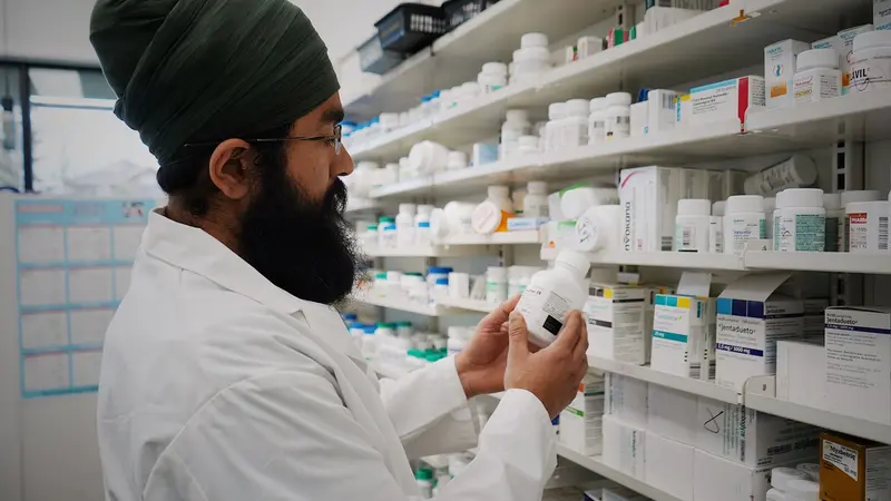 Farmacéutico atendiendo a un cliente en el mostrador de una farmacia de barrio