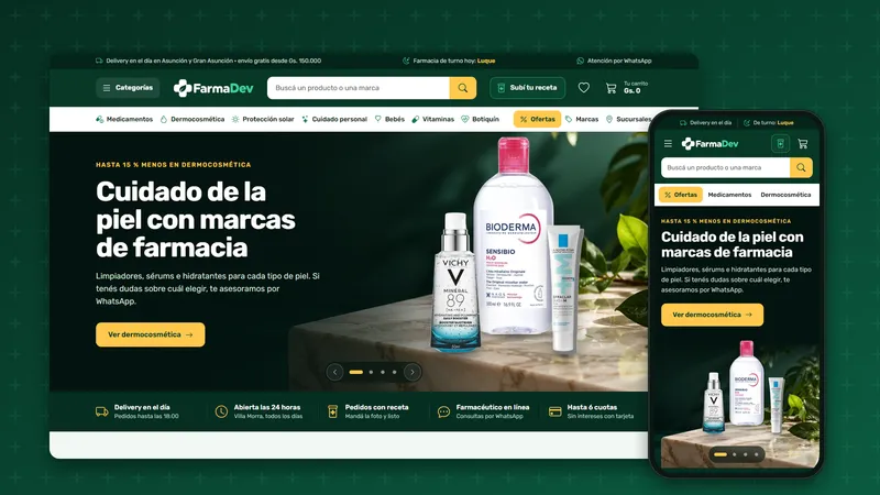 La portada de FarmaDev, farmacia online de demostración, vista en una computadora y en un celular