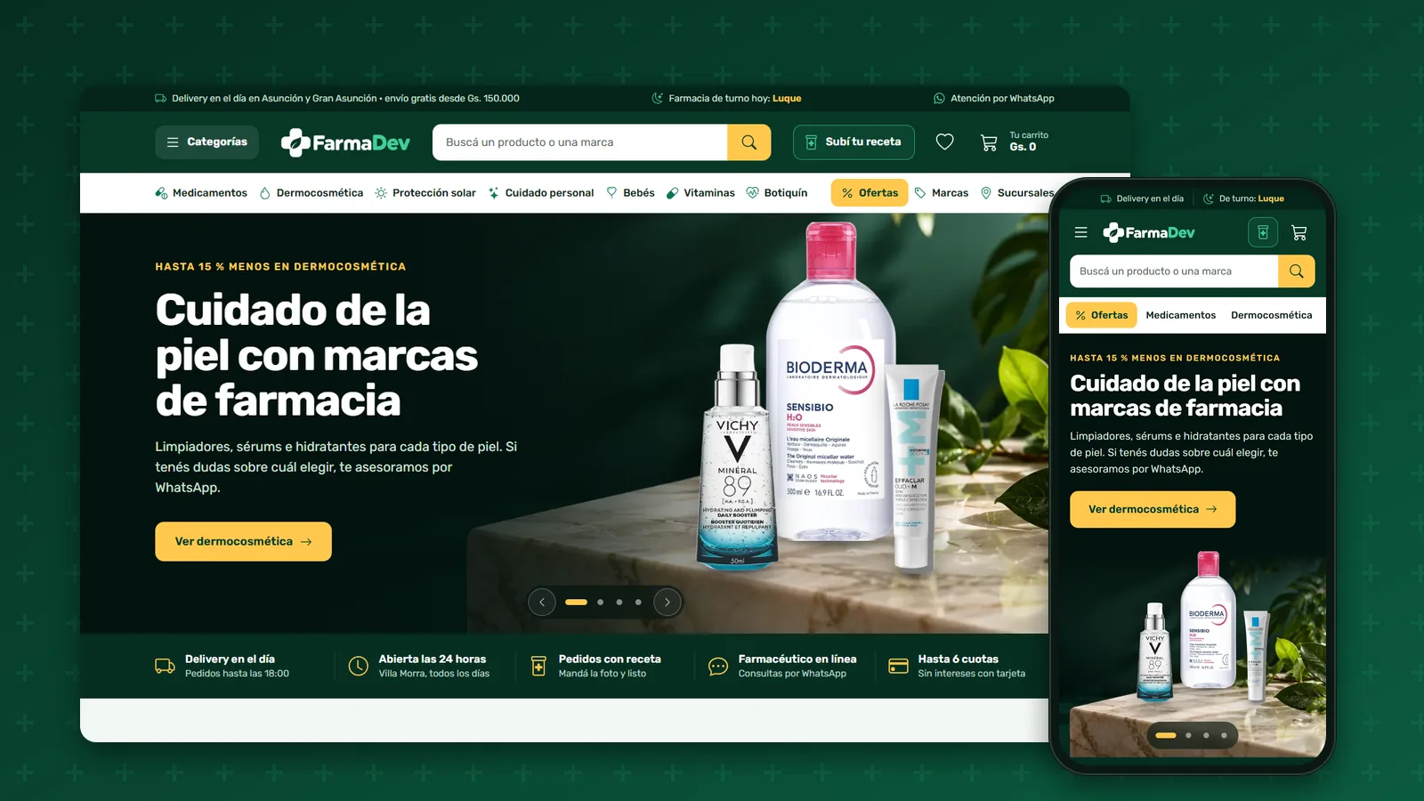 La portada de FarmaDev, farmacia online de demostración, vista en una computadora y en un celular