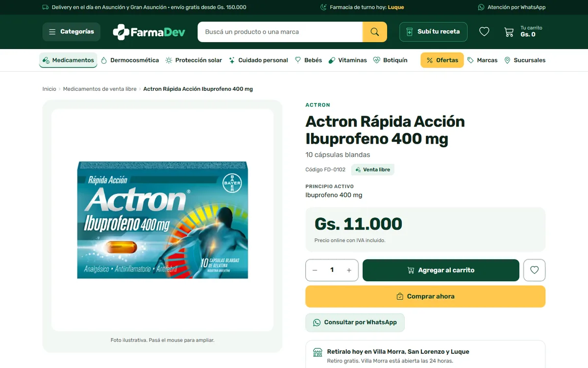 Ficha de un medicamento de venta libre en FarmaDev, con la insignia «Venta libre», el principio activo, la presentación, el precio y la disponibilidad por sucursal