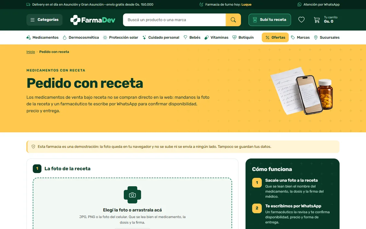 Página «Pedido con receta» de FarmaDev: un recuadro para elegir o arrastrar la foto de la receta y los pasos de cómo funciona
