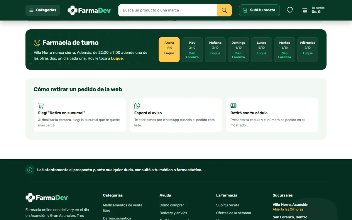 Página de sucursales de FarmaDev con la lista de turnos de los próximos siete días y la insignia «De turno hoy»