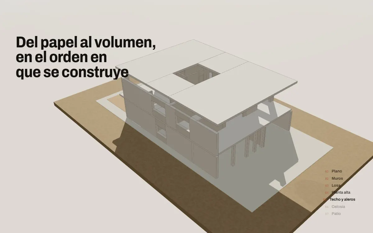 Maqueta 3D de la Casa Celosía a mitad de construcción sobre una base de madera