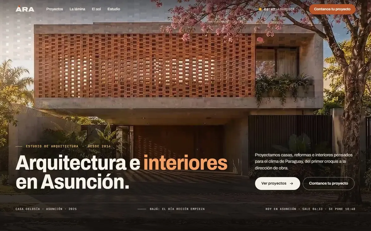 Portada de la demo Ára Arquitectura con el video de una casa con celosía de ladrillo y el titular Arquitectura e interiores en Asunción