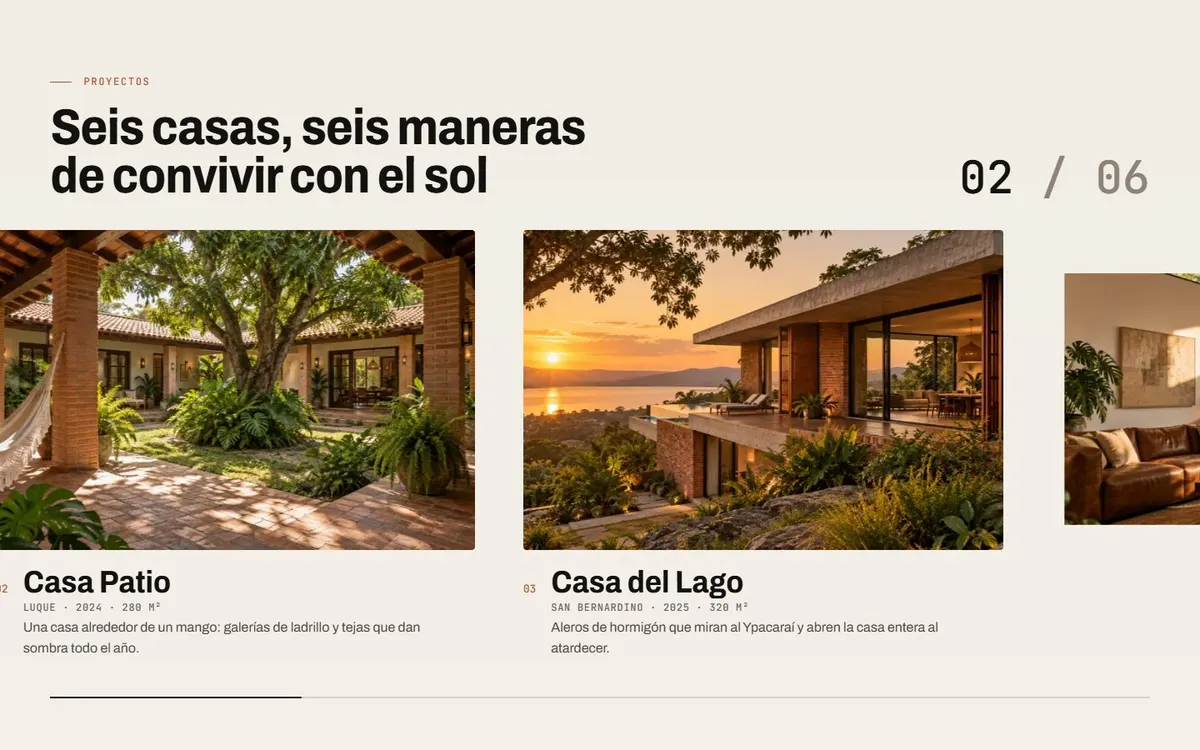Galería horizontal de proyectos de la demo Ára con la Casa Patio y la Casa del Lago