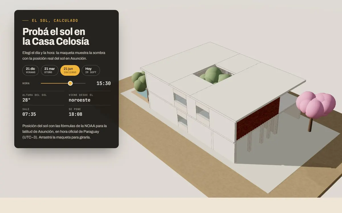 Simulador de asoleamiento de la demo Ára con la maqueta 3D y un panel para elegir la fecha y la hora