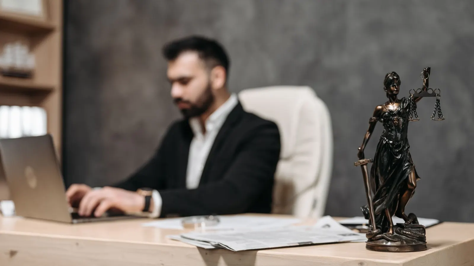 Empresario trabajando en laptop junto a una estatua de la justicia en un escritorio