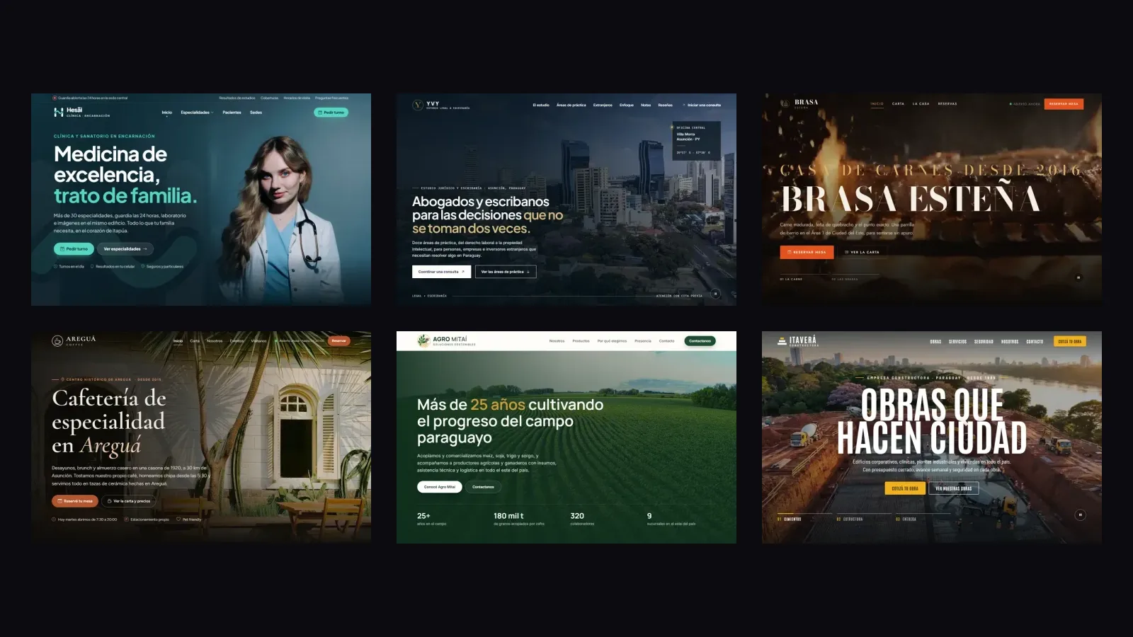 Las seis páginas web de demostración de KapeDev: clínica, estudio jurídico, parrilla, cafetería, agroindustria y constructora