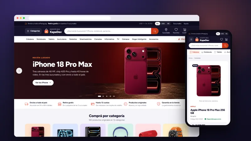 La tienda online de demostración Shopping KapeDev abierta en una computadora y en un celular