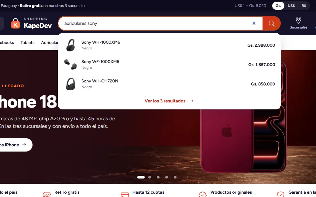 Buscador de la tienda online con sugerencias de auriculares Sony, con foto y precio