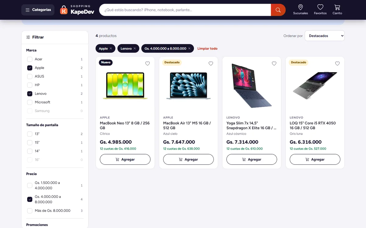 Categoría de notebooks con filtros de marca y precio aplicados y cuatro resultados