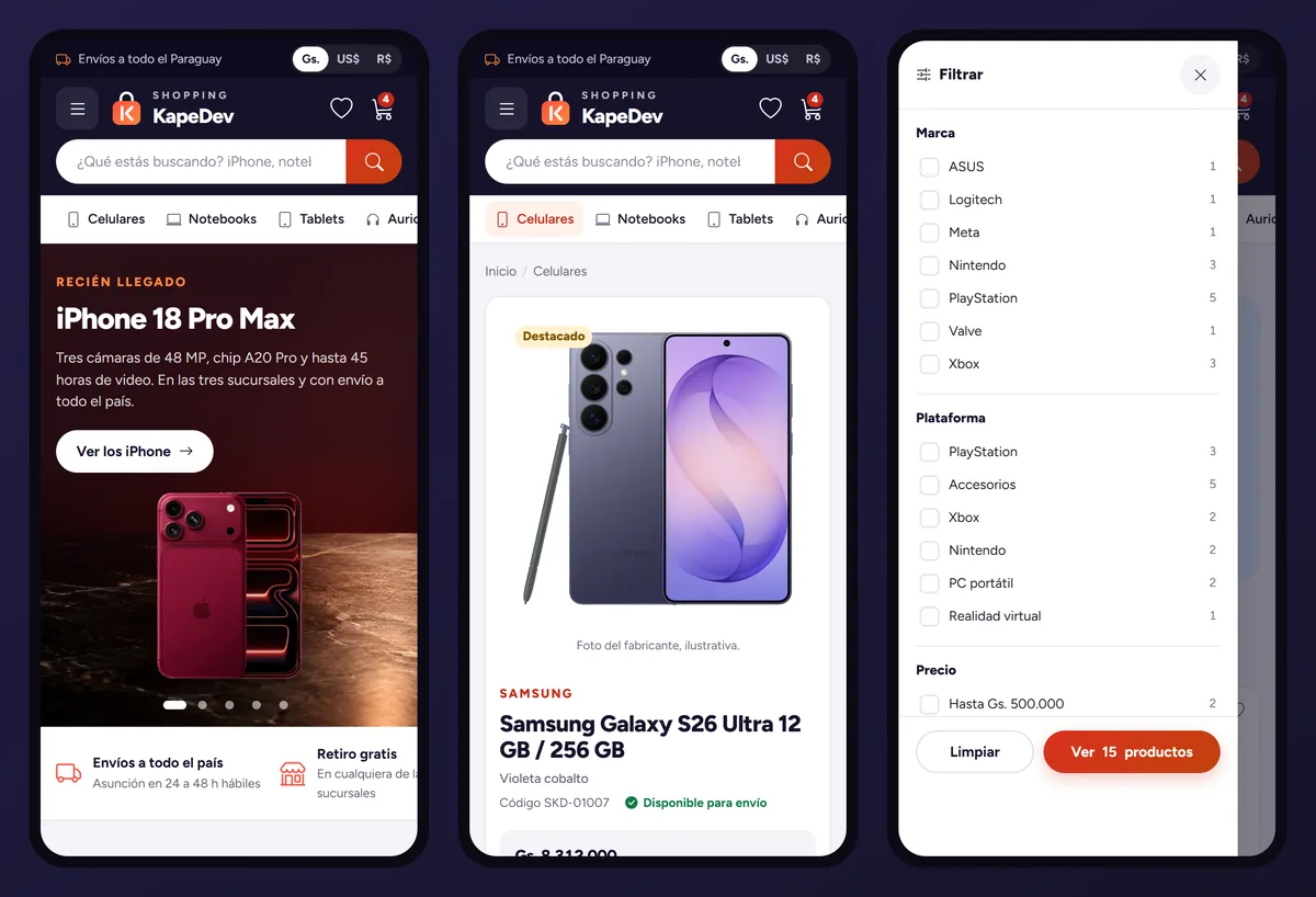 Tres pantallas de celular de la tienda: portada, ficha de un Galaxy y panel de filtros