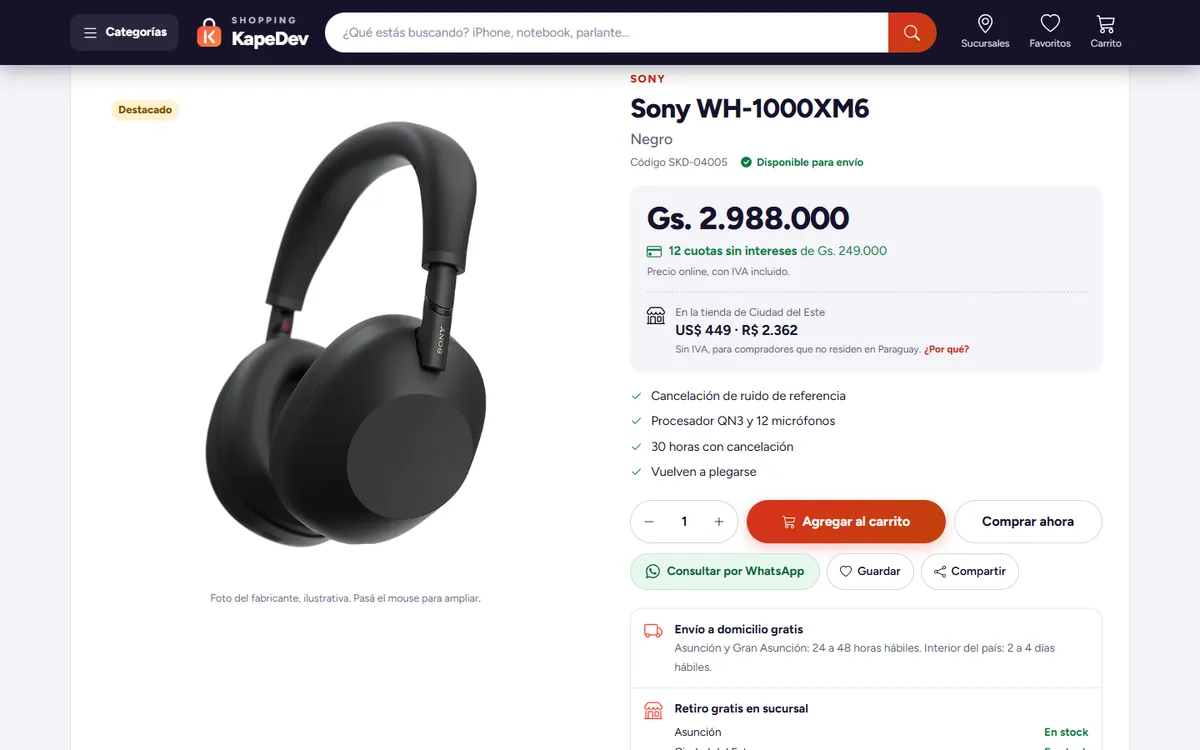 Ficha de producto de unos auriculares Sony con precio, cuotas, precio en dólares y botones de compra