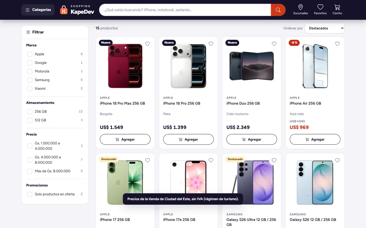 Grilla de celulares con los precios mostrados en dólares