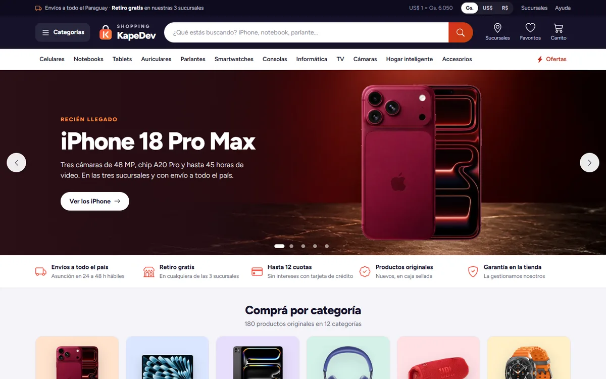 Portada de la tienda online Shopping KapeDev con el carrusel de promociones y el buscador