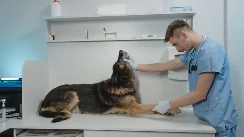 Veterinario revisando a un perro en una clínica