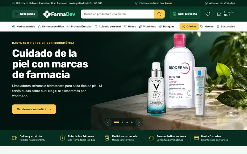 Demo de FarmaDev, farmacia online de Asunción, vista en computadora y celular
